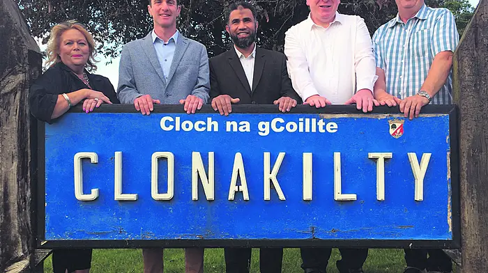 The five newly-elected Mayors of Clonakilty, as decided by a public vote in June, who will hold the title for one year each, starting with Eileen Sheppard (left), Conan O’ Donovan, Yousuf Janab Ali, James White, and Anthony McDermott. 
(Photo: Dúchas Clonakilty Heritage PRO)