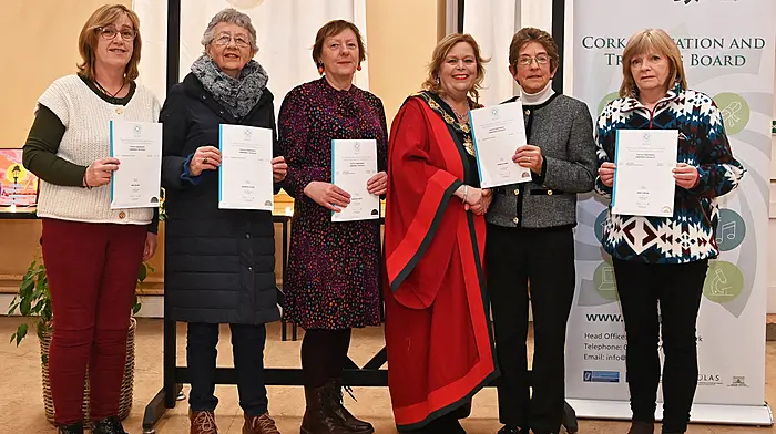 Recipients of certificates at the Clonakilty Further Education Centre graduation evening were (left to right): Ann Collins, Maureen Collins, Margaret White, Eileen Sheppard, Mayor of Clonakilty, who presented the certificates, Monica O’Brien and Rose O’Regan.  Photo: Martin Walsh.