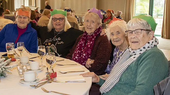 20/11/2024. Southern Region Active Retired Christmas lunch.120 members of the Active Retired Southern Region held their Christmas lunch in the Celtic Ross Hotel today, as well as a two-course meal there was also a raffle and dancing.Here from Clonakilty: Nora Smyth, Pat Howard, Nellie O Learey, Ann Breydin and Annie O DriscollCredit: Andrew Harris