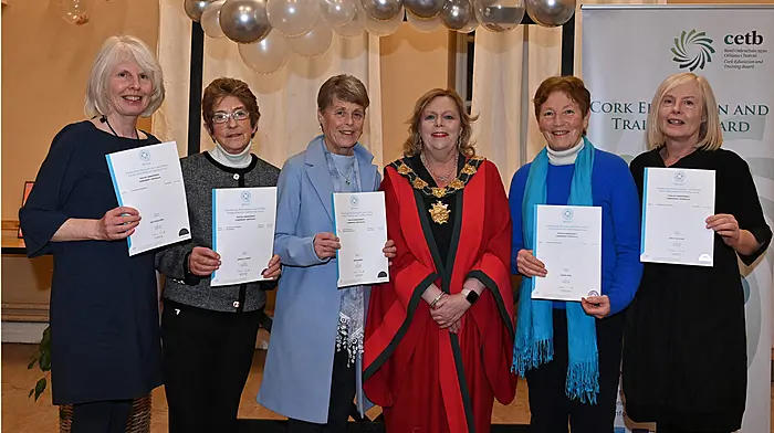 Recipients of certificates at the Clonakilty Further Education Centre graduation evening were (left to right): Kay O’Sullivan, Monica O’Brien, Ann Hooper, Eileen Sheppard, Mayor of Clonakilty, who presented the certificates, Norma Feen and Ann O’Sullivan. Photo: Martin Walsh.
