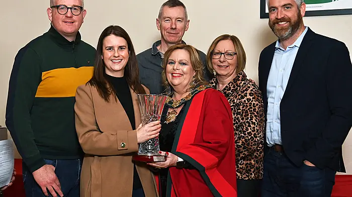 Melissa Clarke, representing Clonakilty Street Carnival, receiving a Clonakilty mayoral award from Clonakilty mayor Eileen Sheppard. Also included are members of Clonakilty Street Carnival (from left): Kevin O’Regan, Des O’Dowd, Mary Kingston and Christopher O’Sullivan.    (Photo: Martin Walsh)