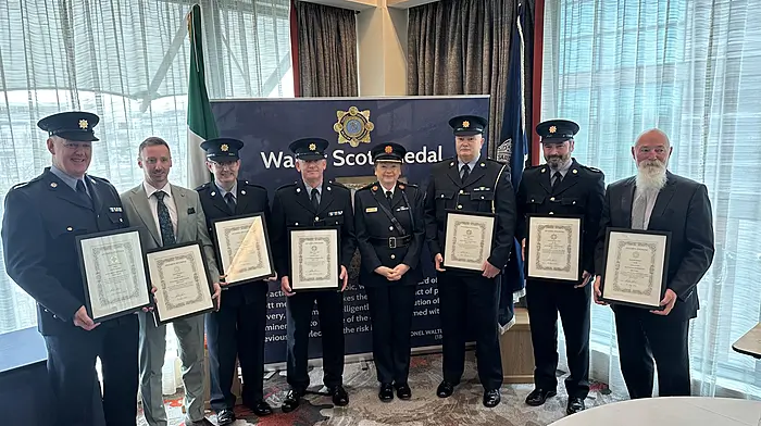 Sgt Derek Deloughrey, Gda David Slattery, Sgt James Hourihane,  assistant commissioner Eileen Foster for the Southern Region, Gda John Tarrant,  Sgt David Haughney, Gda Christopher O’Mara and retired Gda Michael Power at the Scott Medal ceremony for bravery awards for members of An Garda Siochána in the Clayton Hotel in Cork city.