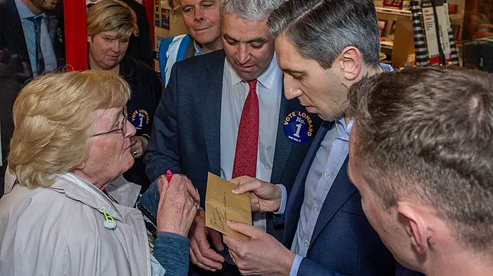 Taoiseach Simon Harris was in Bandon recently canvassing with FG candidate, Senator Tim Lombard. Harris met Bandon locals in a 45 minute visit before travelling on to Fermoy. (Photo: Andy Gibson)