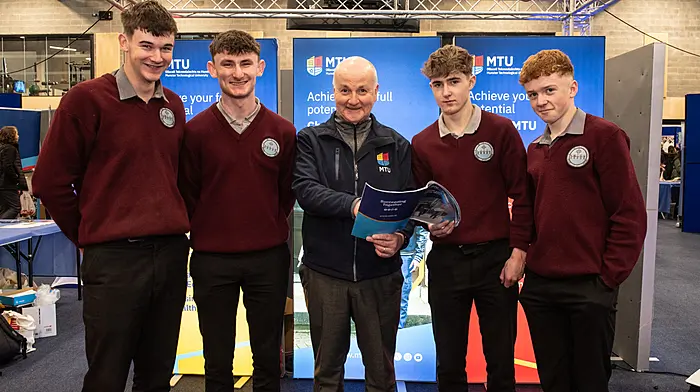 Michael Loftus, vice president for external affairs MTU, with students Daire Herlihy, Derry Twomey, Eoin Moynihan and Eanna Kelliher from Scoil Mhuire, Ballingeary at the MTU open day at Bishopstown Campus. (Photo: Pauline Dennigan)