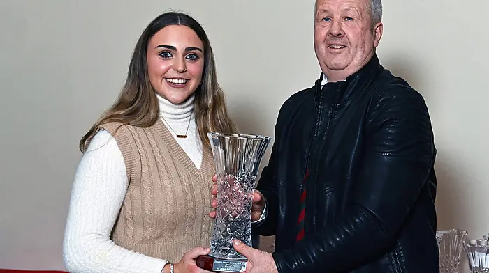 All-Ireland road bowling champion, Timoleague’s Ellen Sexton, receiving a Clonakilty mayoral award from Anthony McDermott (Clonakilty mayoral council) at the mayoral awards ceremony at the Clonakilty GAA complex in Ahamilla.  (Photo: Martin Walsh)