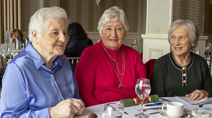 Peggy Daly, Carmel Hayes and Esther White from Drimoleague at the Active Retired Southern Region’s Christmas lunch which was held at the Celtic Ross Hotel in Rosscarbery. Over 120 members attended and enjoyed a two-course meal, a raffle and dancing. (Photo: Andrew Harris)