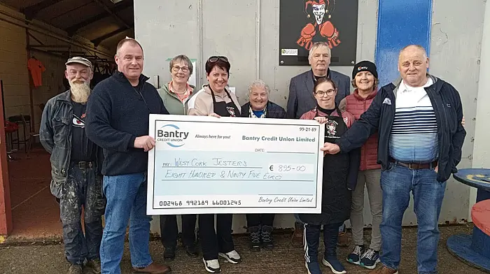 Representatives from West Cork Cheval called to the West Cork Jesters’ clubhouse to present an extremely generous cheque of €895, the proceeds from the recently held Durrus Cheval. The money will go towards the sponsorship of Katie Nicholas, who will travel to Pamplona in 2025 as a support player. From left: Nobby Dunne, Pat O’Driscoll, Marion O’Brien, Fiona Malone, Finola Murphy, Brian Cotter, Emily Cotter (front), Noreen Cupps and John Ross.