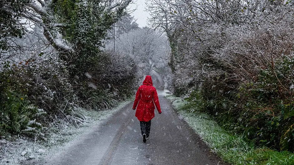 A woman walks as heavy snow falls in Connonagh this morning. (Photo: Andy Gibson)