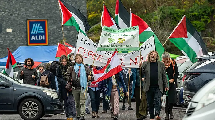 The 57th Skibbereen March for Peace in Palestine took place in the West Cork town today. Around 30 people marched from the Skibbereen Farmers Market to the Town Square. Picture: Andy Gibson.