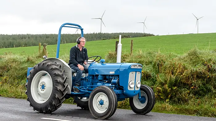 Dermot O'Riordan (Lisbealad) driving his Fordson Super Dexta at the Reenascreena tractor, car, bike and truck run. Proceeds of the day will go to West Cork Rapid Response, Kayla’s Recovery Journey, the local national school and the local pre-school. Picture: David Patterson, Tractor Run – Cork.