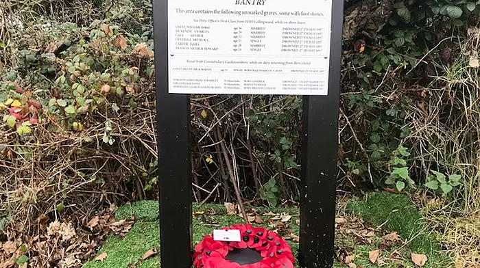 On Remembrance Sunday in the Abbey cemetery, prayers were led by Canon Paul Whillougby and Fr Myles McSweeney for all those who died in the wars, as well as the Irish troops who died in peace keeping duties and members of an Garda Siochana who died in the line of duty. A wreath was laid and a plaque unveiled to mark the area where the petty officers from the HMS Collingwood that drowned 1897, and those from the SS Minnehaha that was torpedoed and sank off the Fastnet in September 1917, were buried in unmarked graves.