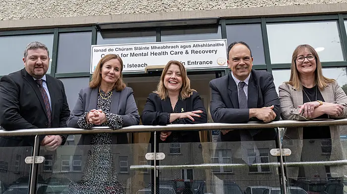 At the reopening of the HSE Centre for Mental Health Care and Recovery (CMHCR) on the grounds of Bantry General Hospital were (from left): Vincent Goggin (general manager, Mental Health Services), Julie O'Neill (integrated healthcare area manager, HSE),  Deborah Harrington (acting head of Mental Health Services), Andy Phillips ( regional executive officer, HSE South West) and Fiona Collins (general manager, HSE Mental Health Services).  The CMHCR, a mental health inpatient unit, has reopened following recent facility upgrades designed to enhance patient safety, experience and recovery - as well as to support staff in providing high quality care. (Photo: Brian Lougheed)