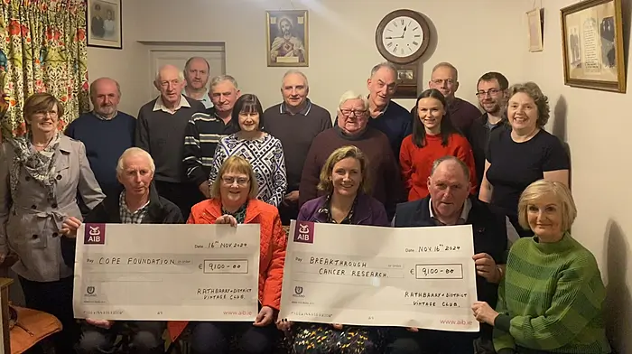 Rathbarry and District Vintage Club presented two cheques for €9,100 each from their recent tractor, truck, car and motorcycle run to Breakthrough Cancer Research and Cope Foundation.
