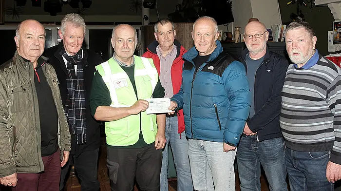 Tom O'Donovan, chairperson of Clonakilty Men's Shed, presenting a cheque for €631 to Noel Lawlor of Clonakilty Saint Vincent de Paul Society, which was the proceeds from the raffle of the recent men's shed quiz. Included are (from left): Noel Lynch, Don Hill, Jimmy Byrne, John Hennessy and Cathal Convery, all men's shed members.