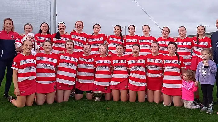 The Courcey Rovers junior team, and selectors,  who won the Lily Grant county cup championship are (front, from left): Roisin Nolan-Collins, Lauren Crowley, Hannah Coakley, Isabel Lordan (captain), Roisin Griffin, Aine O’Donoghue, Lily Murphy, Caoimhe Hannon and Sarah Galvin. Back (from left): Joey Gallagher, Lisa Murphy, Ciara Hayes, Ursula Quinn,  Niamh Twomey, Sinead Hynes, Sadhbh Napier, Lily-Ellen Crowley, Neasa McCarthy, Aine O’Reilly, Anna Hannon, Liz Minihane, Alanna Crean, Kevin Hannon, Sarah Walsh and loyal followers (from left) Amy Minihane, Katie Minihane and Shauna Walsh.