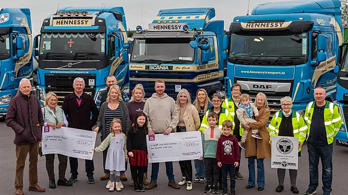 Mike O'Shea's family and representatives from the two charities at the recent cheque presentation which took place at Hennessy Transport, Ballineen. The Mike O'Shea memorial truck and vintage car run raised €20,000, which was split equally between Bantry Hospice and West Cork Rapid Response (WCRR). (Photo: Andy Gibson)