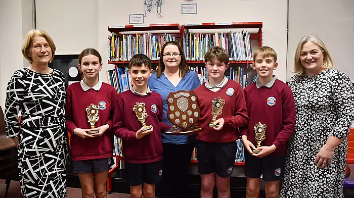 Rath National School’s quiz team of Emer Crowley, Paddy Sheehy, Tadhg Ronan and Fionn Daly were the winners of the annual Skibbereen Library quiz. Included in the photo are Veronica Whooley and Sharon O'Mahony (Skibbereen Library) and Maura Collins (principal, Rath National School)    (Photo: Anne Minihane)