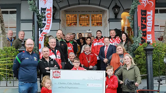 A group of representatives from each of the beneficiaries of the 2024 Tour de Beara Cycle at a recent event at the Eccles Hotel in Glengarriff where the proceeds were presented to the various local charities, schools, societies, clubs and community organisations by Cllr Patrick Gerard Murphy, on behalf of the county mayor.