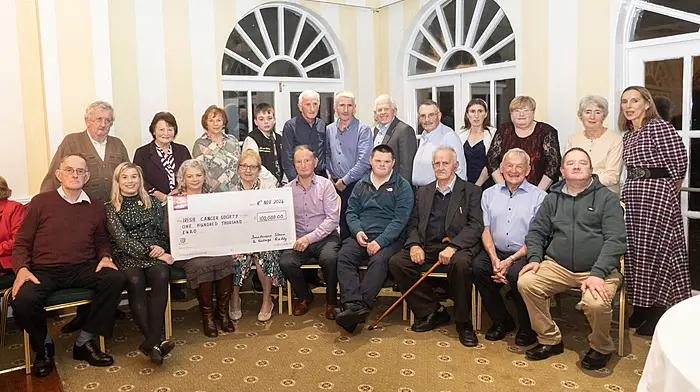 Officers and members of the Innishannon Steam and Vintage Rally committee at the presentation of funds this year where a donation of €100,000 was made to the Irish Cancer Society.  Seated are Martin Desmond (chairman), Clair Kilty and Nicola McMahon (Irish Cancer Society) with Mary Desmond and PJ Ryan (treasurer).
