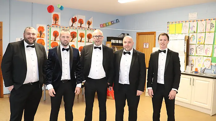 A wedding party of DJ Maloney, Eamonn Lyons (groom), Stephen Lyons, Rob Hayes and Declan Harrigton casting their vote in Kilbrittain on election day.