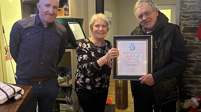 John Kelleher took a photo of Peter Deasy and Harriet O’Regan (fundraising chairperson) presenting the Excellence in Volunteering award to Billy White at the annual crew Christmas social. Billy has been a valuable asset to the fundraising team at the RNLI Union Hall.