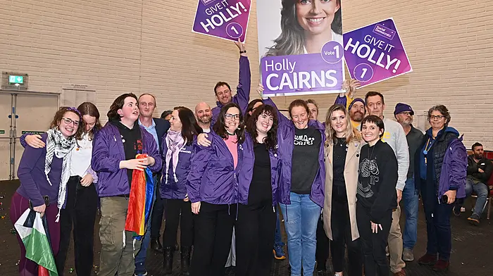 Supporters of Holly Cairns celebrate her election at the count centre in Mallow including Cllrs. Ann Bambury and Isobel Towse. (Photo: Martin Walsh.)