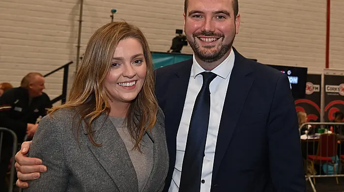 FG candidate Cllr Noel O’Donovan and his partner Natasha Burke, Bantry at the count centre in the Mallow GAA complex.  (Photo: Martin Walsh.)