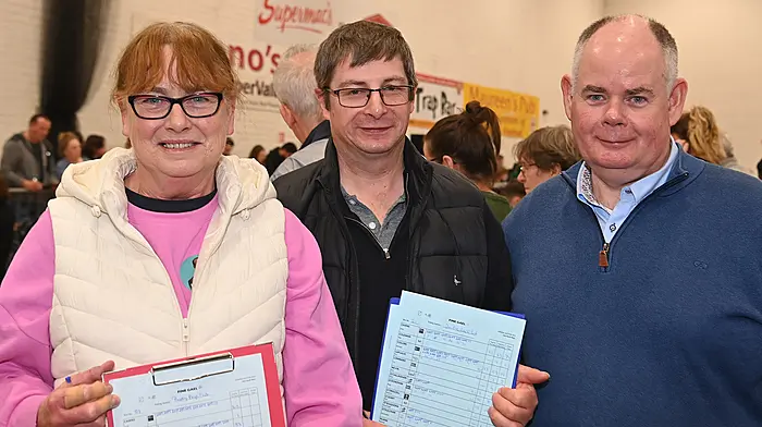 Rosemarie Connolly, Skibbereen, Ciaran O’Driscoll Tragumna and John Collins, Dunmanway at the Cork South-West count in the Mallow GAA complex. (Photo: Martin Walsh.)