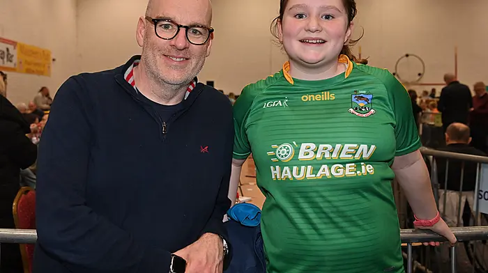 Declan O’Loughlin and his daughter Aine from Glandore at the count centre in the Mallow GAA complex. (Photo: Martin Walsh.)