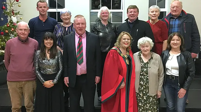 At last Saturday’s gala concert at Darrara Community Centre were back from left: Committee members Donal Lyons, Mary Anglin, Mary Wycherley, Pius Lyons, Angela Lenihan and Frank McCarthy. Front: Cionnaith Ó Súilleabháin, Aisling Riordan, special guests James White and Mayor Eileen Shepard (both Clonakilty Mayoral Council), Mary Harrington and Mary Harrington.