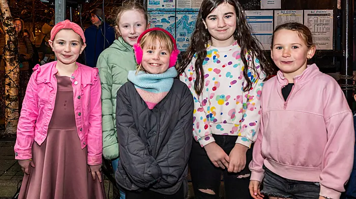 Zara McCarthy, Grace O Sullivan, Aideen Murphy, Alana McCarthy, Leah Browne at the switch on of the Christmas lights in Castletownbere Picture: Anne Marie Cronin Photography