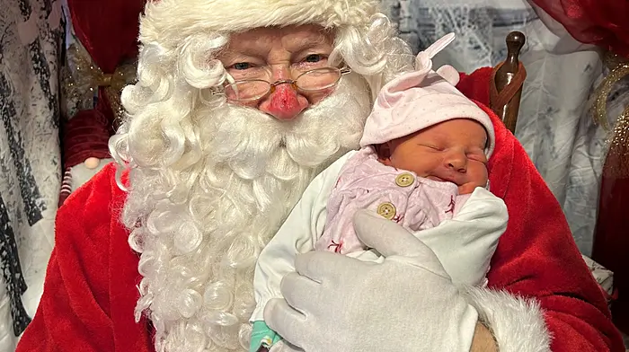Four day old Ava Fuller was the youngest child to visit Santa Claus at his grotto at Healy’s SuperValu, Dunmanway last weekend. Hundreds of children visited Santa and had their photo taken with the man in the red suit. This was a free service with a donation bucket in place, where €1,250 was collected for Dunmanway Boxing Club.