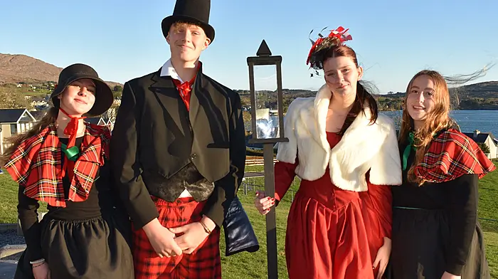 Transition year students (above) Maria Schlotterbeck, Mattias Cogan, Emily Sheehan and Leire Araoillas Lozano (and gathered at Scrooge's tomb) Frankie Masarati, Jamie O’ Mahony, Damian Williams and Olivia Killeen will take part in the Schull Community College annual panto December 18th and 19th.