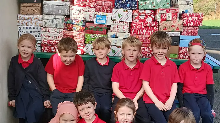 Infant pupils: Zach Shannon, Páraic Tobin, Ava Levis, Indie O'Sullivan, Issie McCarthy, Tadgh Hayes, Clara McCarthy, Conor Daly, Darragh Evans, Shane Casey, Finn Russell, Robbie Stout, Sultanie Ablaeiva, Rory Daly, Alice Daly and Aoife Coughlan seen with the Team Hope boxes prepared by the families of Carrigboy National School.