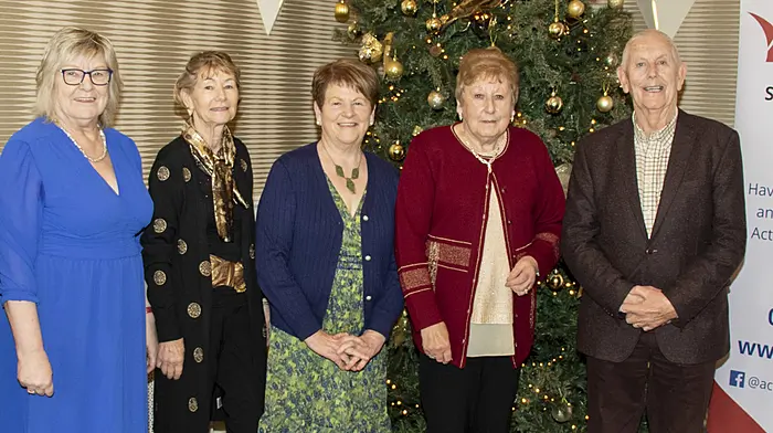 20/11/2024. Southern Region Active Retired Christmas lunch.120 members of the Active Retired Southern Region held their Christmas lunch in the Celtic Ross Hotel today, as well as a two-course meal there was also a raffle and dancing.Here: John Noel Cronin (Chairman), Noreen Lawlor (Treasurer), Kathleen O Shea (Development), Anne O Brien and Brenda Breen (Secretary), Gretta Hickey ( Board Member).Credit: Andrew Harris