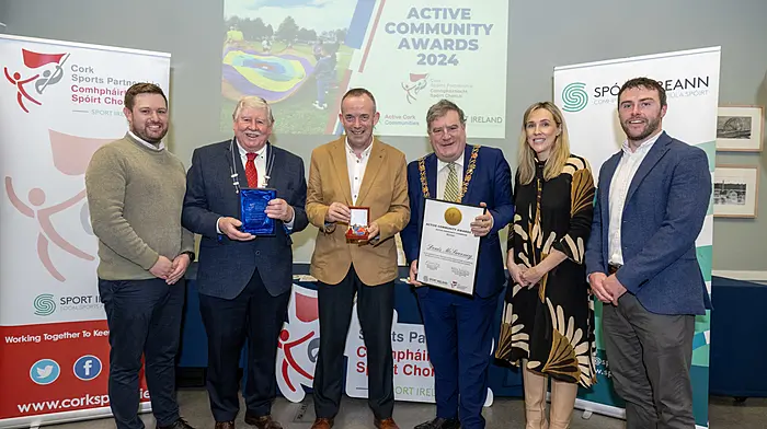 The Active Community Awards 2024 winners were announced at reception in Cork's Old Waterworks organised by Cork Sports Partnership.The Active Community Champion Award was awarded to Denis McSweeney for his tireless dedication to Rosscarbery GAA and the Rosscarbery Steamrunners Athletic Club, where his efforts have had a profound impact on the community. From left: Tim Burke, CSP; Cllr Martin Coughlan, deputy county mayor; Denis McSweeney, award winner; Cllr Dan Boyle, Cork lord mayor; Kristine Meeneghan and Maurice O'Sullivan, both Cork Sports Partnership. (Photo: Brian Lougheed)