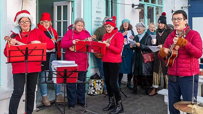 The West Cork Ukulele Café appeared in Baltimore recenlty as paart of the Christmas lights being turned on. Photo: Andy GIbson.