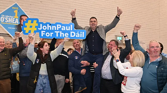 Newly-elected TD John Paul O’Shea (Fine Gael) celebrated his election with family and friends at the recent Cork North West count at the Mallow GAA complex.  (Photo: Martin Walsh)