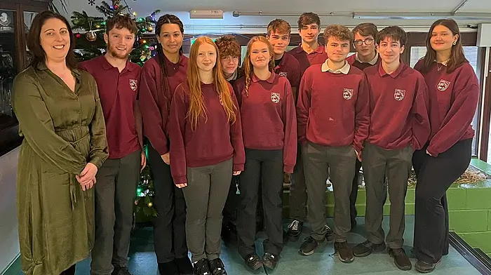Sarah Buckley (principal, Schull Community College) with some of the award winning crew whose short film Fish Out Of Water won the Bin It national film competition. From left: Conor Lawson, Teagan Cash, Ruby Farrelly, Charlie Lannin, Ella Camier, Louis Dolan, Jacob Collins, Michael Macri, Odhrán Treasaigh, Ciarán Cifone and Alannah O’Driscoll.