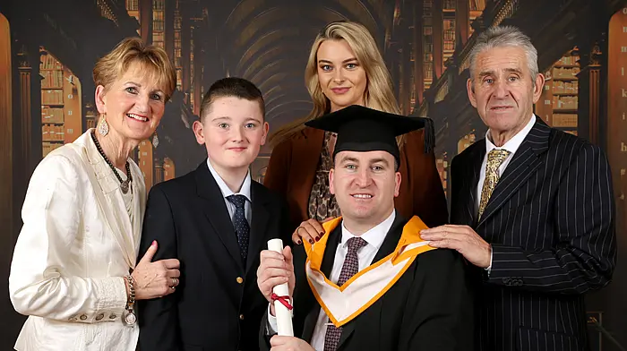 Sergeant Michael Milner from Ballinacarriga, Dunmanway with his parents Bernadette and Jerry Milner, son Ryan Milner and partner Chloe Foudy, having recently graduated with a MBA in first class honours from Trinity College Dublin. Michael received a full academic scholarship from Trinity College and the Gaelic Players Association to complete his MBA. Michael is a sergeant in An Garda Siochana and is currently stationed in the Kerry division.