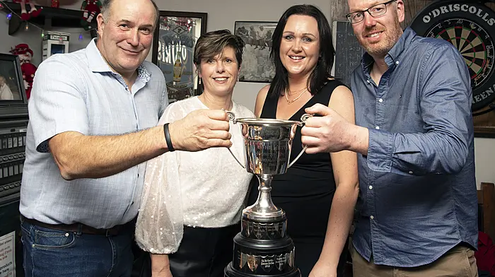 A celebration evening was held in O’Driscoll’s Bar, Reenascreena last weekend to mark Rosscarbery’s Jason O’Mahony (right) and his Sam’s Cross co-driver Willie Buchannan (left) success in last month’s Kerry Winter Rally, where they won the Johnny White perpetual trophy as the highest placed West Cork crew.  Johnny White was a native of Reenascreena, who lost his life in a rally tragedy in Banna, County Kerry thirty years ago.  Also included are (from left) Denise Buchannan and Eileen O’Donovan.   (Photo: Martin Walsh)