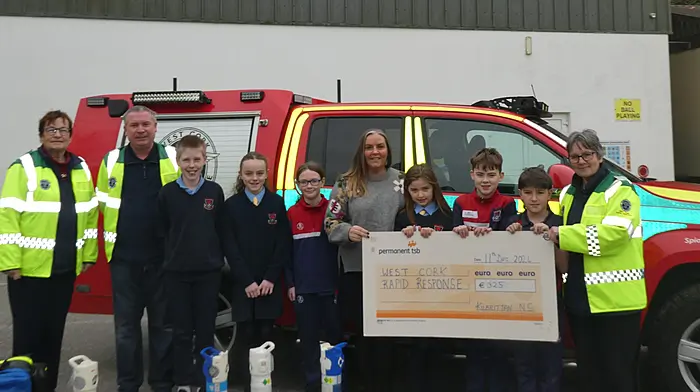 Kilbrittain National School recently presented a sum of €325 to the West Cork Rapid Response.  At the ceremony were (from left): Betty Hennessy and Liam Slattery (both WCRR) with members of student council John McAleer, Aoibhinn O'Hanlon, Tessa Enright, Karen O'Donovan (principal), Kate Duggan, Cillian O'Connell, Daniel O'Regan and Kate Crowley (WCRR).