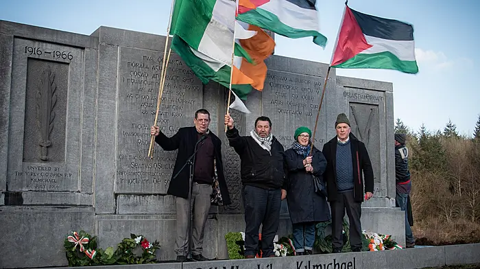 Palestinian martyrs were remembered at the Kilmichael annual commemoration.   From left: Seán McCarthy, Nassa Al Swirki, Trish Lavelle and Donnchadh Ó Seaghdha.