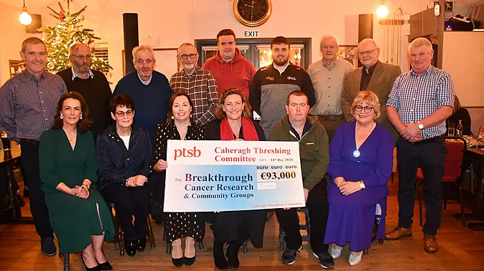 The Caheragh Threshing Committee made the presentation of their 2024 fundraising events to five charities - Breakthrough Cancer Research, Skibbereen Day Care Centre, Professor Gerry O'Sullivan Memorial Park, Dreeny National School and Caheragh Macra  - at a special event held at the Travellers Rest. Seated (from left): Sheila Collins (Dreeny National School), Mary Willis (Skibbereen Day Care Centre), Majella O'Shea (treasurer), Orla Dolan (Breakthrough Cancer Research), Shane Scully (treasurer) and Kathleen Kirby (secretary). Back (from left): John McCarthy (Dreeny National School), Timmy O'Sullivan (committee), Patjoe Hourihane (committee), Denis O’Sullivan (Professor Gerry O'Sullivan Memorial Park), Humphrey O'Sullivan (committee), Eugene Daly (Caheragh Macra), Sean Collins and John O'Neill (both committee) and DJ Dineen (chairperson).    Mary Cadogan, Jackie O’Donovan, Sean O'Sullivan and James Crowley were missing from the photo.  (Photo: Anne Minihane)