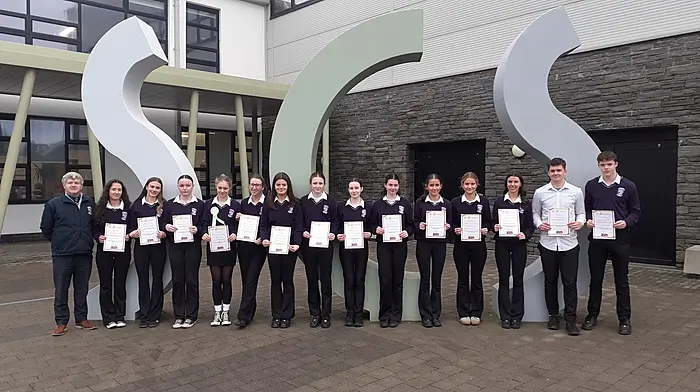 Skibbereen Community School students who entered the BT Young Scientist competition which will be held in January include Orla McCarthy, Shauna Hourihane, Anna McCarthy, Niall O’Callaghan, Dan McCarthy, Caoimhe O’Donovan, Grace Hickey, Mary Bushe, Eve Waugh O Brien, Alice Collins, Mia Scarlett, Zoe Salter, Faye Minihane, Abigail Fowler, Holly O’Flynn and Mimi Jacob with principal Mr O’Mahony.