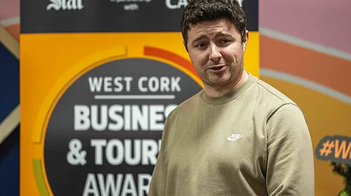 Skibbereen, West Cork, Ireland. 5th Dec, 2024. The Southern Star held its annual Business Awards Pitch Night at The Ludgate Hub, Skibbereen, on Thursday 5th December. Around 30 businesses pitched to the panel of judges. Comedian Bernard Caey pitches for Homebot Ireland. Photo: Andy Gibson.
