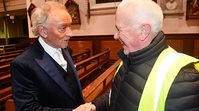 Phil Coulter who performed chatting to Irish Rowing coach Dominic Casey after the end of the concert which was a joint fundraising event for Skibbereen Rowing Club and St. Patrick's Cathedral Bicentenary.