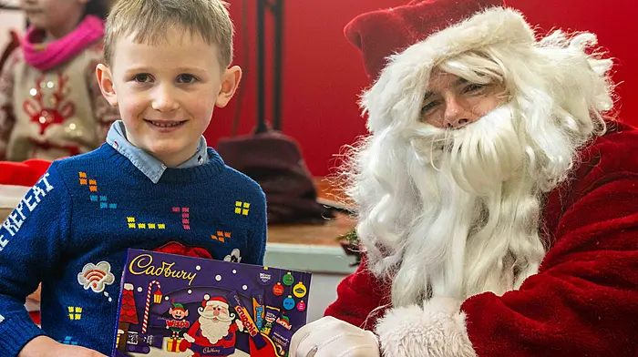 Five year old Cormac Deasy from Timoleague meets Santa in Ballinscarthy. (Photo:  Andy Gibson)