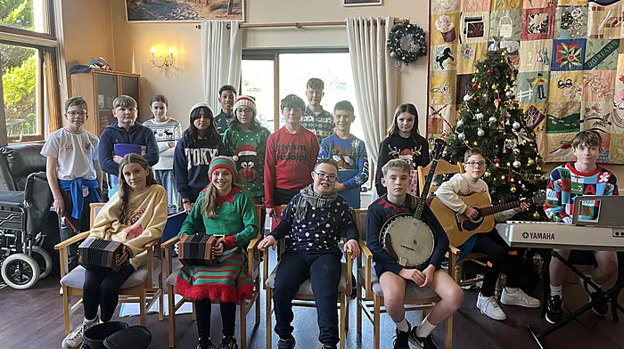 Rath National School's sixth class pupils visited Skibbereen’s residential home to entertain the residents with some music and songs. Back (from left): Ava Javid, Kingsley Crosby and Senan Whooley. Middle (from left): Theo Best, Bill O’Driscoll, Afiqah Binti Roshidin, Clara Hickey, Tadhg Ronan, Paddy Sheehy, Alexis O’Regan, Jesse Best and Ben Pitton Brady. Front (from left): Emer Crowley, Caoimhe Cottrell, James Hurley and Fionn Daly. Thanks was expressed to Martina French for leading the music.