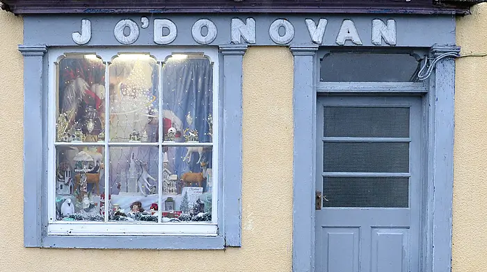 A Christmas-themed traditional shopfront at J O'Donovan in Courtmacsherry. (Photo: Martin Walsh)